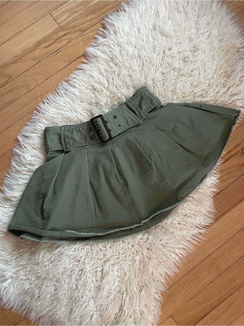 No Boundaries Olive Green Pleated Belted Skater Mini Skirt
